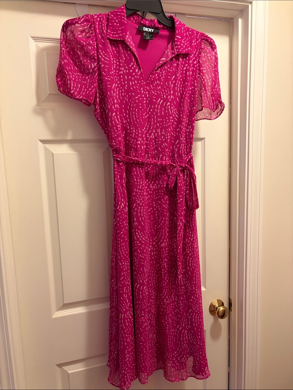 DKNY Fuchsia Printed Midi Tie-Waist Dress
